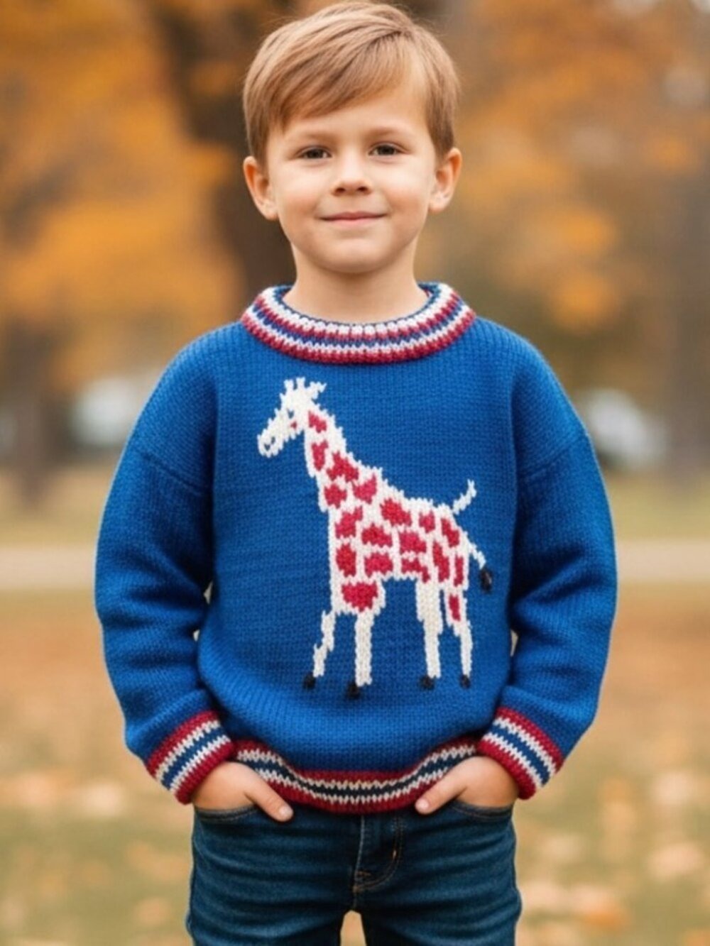 Handmade Giraffe Knit Navy Crewneck Wool Blend Sweater Size 8